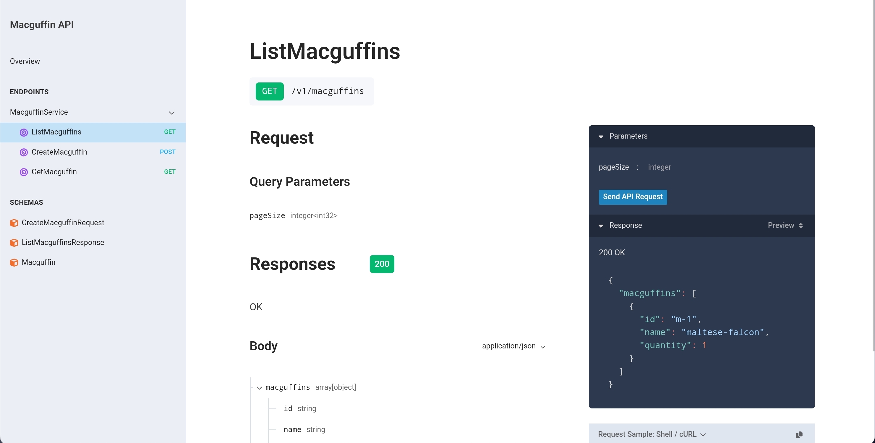The Macguffin API in a Stoplight Elements docs site, served by the same server, with a working “try it” console