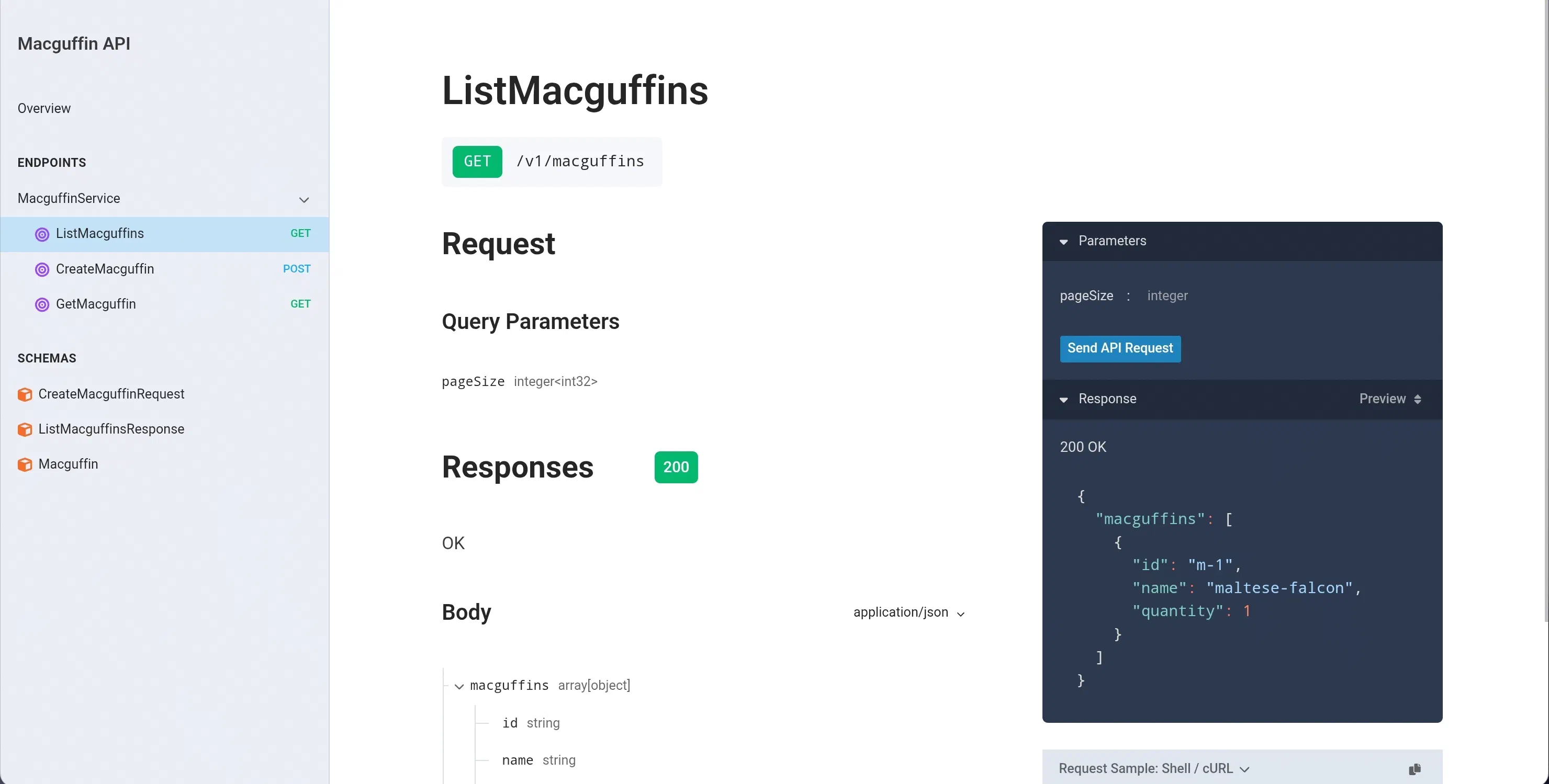 The Macguffin API in a Stoplight Elements docs site, served by the same server, with a working “try it” console