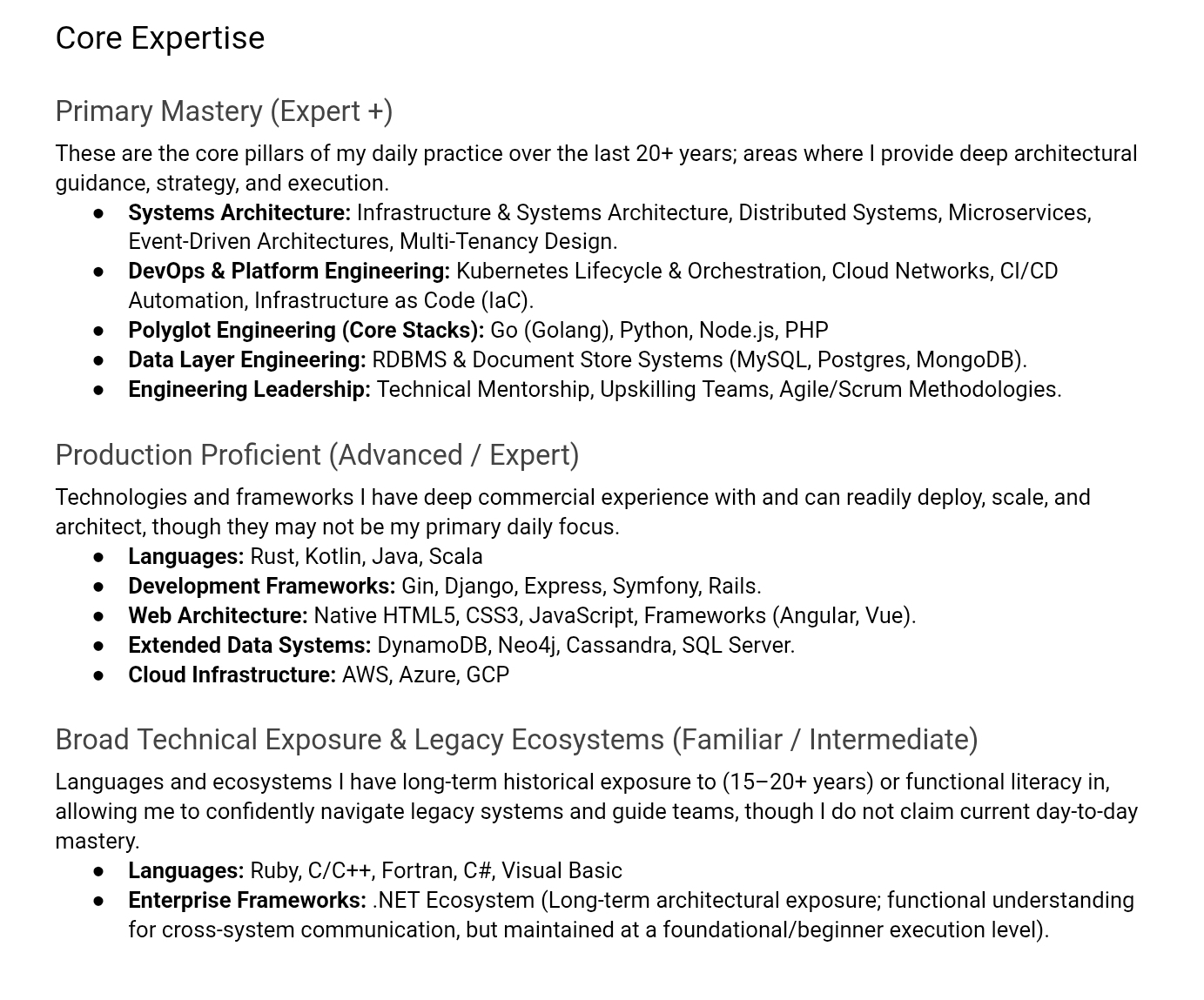 The replacement: a plain-text Core Expertise list a parser can read straight through, tiered honestly into what I do day to day, what I’m proficient in, and what I’m only still familiar with.